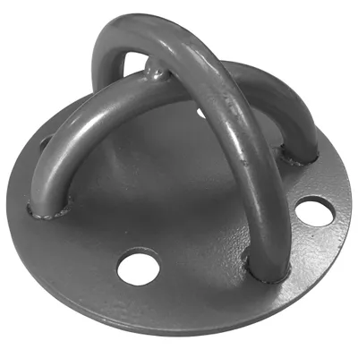 A gray metal mounting bracket with two loops, shown against a white background.
