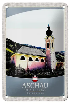 Produktbild von Blechschild Reise 12x18cm Aschau im Zillertal Österreich Kirche Schild