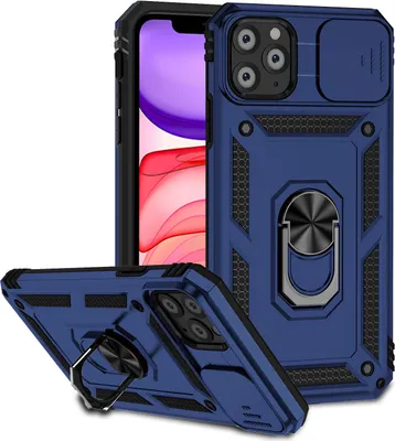Image de Étui pour iPhone 11 Pro étui double couche avec couvercle coulissant pour appareil photo et support annulaire bleu