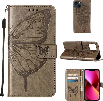 Produktbild von iPhone 13 Hülle, Schmetterling Prägung Flip Leder Kartenfächer Schutzhülle Ledertasche mit Ständer für iPhone 13 Grau
