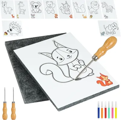 Produktbild von Priknaald Set Kinder Kreativ, 10 Schablonen, 2 Priknadeln, 2 Filzstifte, ab 6 Jahren, für Basteln