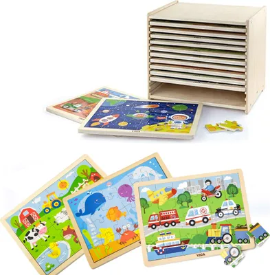 Obrázok produktu pre Drevené puzzle 12 puzzle po 24 puzzle na stojane Viga Toys
