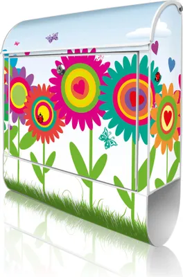 Produktbild von banjado Design Briefkasten Stahl weiß mit Zeitungsfach pulverbeschichtet "Bunte Blumen" 38x46x12,5cm & 2 Schlüssel - Postkasten A4 Einwurf inkl. Montagematerial [BKW 10227]