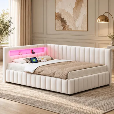 Produktbild von INONEFT Polsterbett Schlafsofa 140x200 cm, Kinderbett Kopfteil mit LED Beleuchtung und USB Ladefunktion, Jugendbett mit Lattenrost, Samt Beige