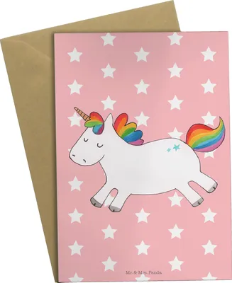 Produktbild von Mr. & Mrs. Panda Grußkarte Einhorn Happy - Rot Pastell - Geschenk, Unicorn, Freude, weihnachtskarten, Lebensfreude, Spaß, Grußkarten, Einhörner, osterkarten, osterkarte