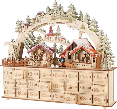 Zdjęcie produktu dla Kalendarz adwentowy BRUBAKER do wypełnienia - Wioska bożonarodzeniowa - Drewniany kalendarz bożonarodzeniowy 40 cm z oświetleniem - Wioska z dziećmi