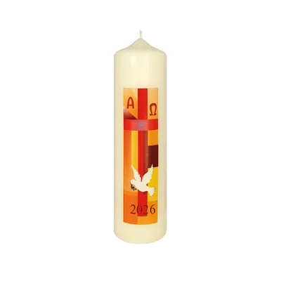 Produktbild von Osterkerze "Kreuz Orange/Rot mit Taube und A und O" mit aktueller Jahreszahl 220 x Ø 60 mm