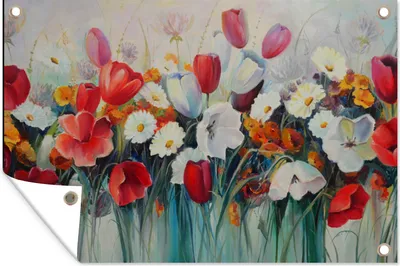 Produktbild von MuchoWow® 90x60 cm Outdoor-Poster Gartendeko Sichtschutz Garten Poster für den Garten  Malerei - Ölgemälde - Blumen