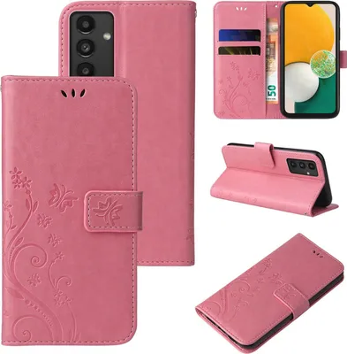 Produktbild von Handyhülle für Samsung Galaxy A13 Floral Blumen Schmetterling Flip Cover Hülle Case Klapphülle Handytasche Farbe: Rosegold