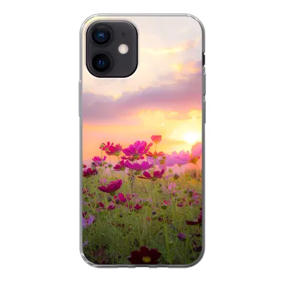 Produktbild von MuchoWow® Handyhülle Schutzhülle Hülle für iPhone 12 Sonnenuntergang - Blumen - Rosa - Natur - Grün Silikon Softcase Handy Hülle - Schutzhülle
