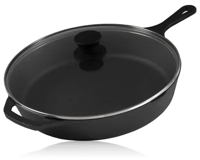 Produktbild von Gusseisenpfanne – Grillpfanne mit Glasdeckel – 26 cm – Vorgebrannt – Pfanne für Steaks