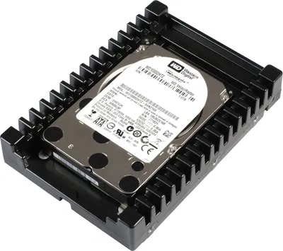 A hard drive is mounted in a black cooling bracket.