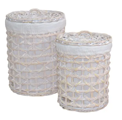 Two wicker laundry baskets with fabric liners and lids, shown against a white background.