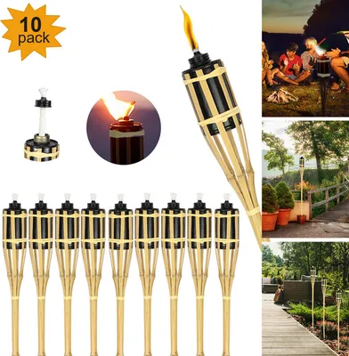 Image de Jiubiaz Torches de jardin Set 10x lampes torches mèche 90cm bambou torches à huile pour l'extérieur huile de lampe pour torches flammes feu fête déco