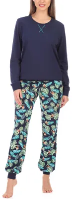 Produktbild von Merry Style Damen Schlafanzug Zweiteiler lang Pyjama Langarm Lange Hose mit Muster MS10-168 (Marineblau Blätter, S)