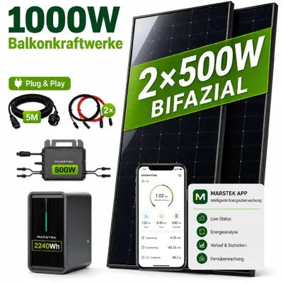 Produktbild von Balkonkraftwerk 1000W mit 2,24kWh Speicher, Marstek B2500-D, 2x500Wp bifaziale Solarmodule, 800W Mikrowechselrichter, 5m Anschlusskabel, Komplettset