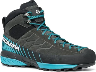 Schwarze und türkisfarbene Mescalito Mid GTX Approach Schuhe von Scarpa; ideal für Herren; mit griffiger Sohle und hohem Schaft.