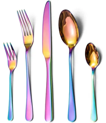 Image de Ensemble de couverts pour 6 personnes, 30 pièces, en acier inoxydable, finition miroir, motif arc-en-ciel, compatible lave-vaisselle