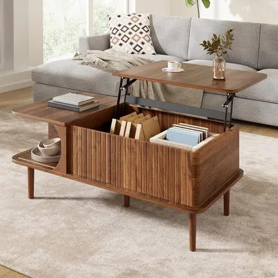 Image de Table basse Merax réglable en hauteur avec abattant coulissant, table de salon en MDF à rainures verticales, table de salon avec pieds en bois, noyer