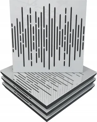 A stack of white acoustic wall panels with black cut-out patterns, one panel is shown upright and the others are stacked below.