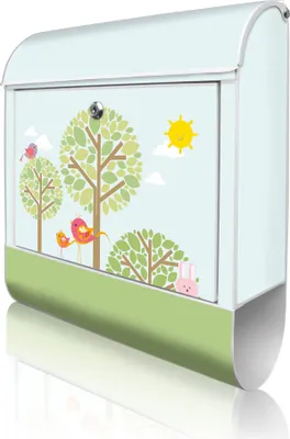 Produktbild von banjado Design Briefkasten Stahl weiß mit Zeitungsfach pulverbeschichtet "Drei Bäume" 38x46x12,5cm & 2 Schlüssel - Postkasten A4 Einwurf inkl. Montagematerial [BKW 11774]