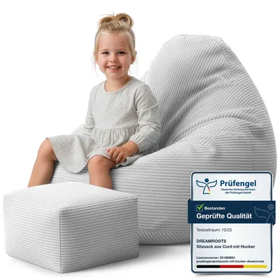 Obrázok produktu pre Dreamroots Bean Bag 70x70x70 cm beanbag pre deti s opierkou chrbta a stoličkou a poťahom vankúš na sedenie podlahový chladiaci vak Storm Gray