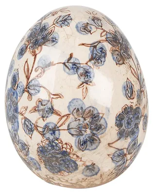 Image de Clayre & Eef Décoration Oeuf Ø 11x14 cm Beige Bleu Céramique Fleurs
