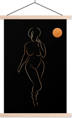 Produktbild von MuchoWow® Textilposter Frau - Mond - Schwarz und Gold - Strichzeichnung 40x60 cm mit holzfarbenen Rahmen - Poster