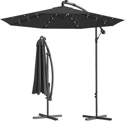 Imagen del producto de Sombrilla de Ø 350 cm con soporte e iluminación solar, sombrilla grande tipo paraguas resistente al viento y con protección UV, ideal para jardín, mercado, terraza, balcón, giratoria 360° (gris oscuro)