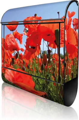 Produktbild von banjado Design Briefkasten Stahl schwarz mit Zeitungsfach pulverbeschichtet "Mohnblumen" 38x46x12,5cm & 2 Schlüssel - Postkasten A4 Einwurf inkl. Montagematerial [BKSCH 10078]
