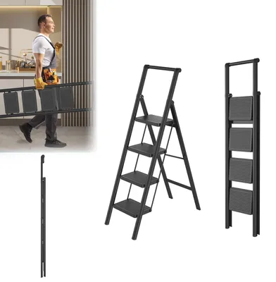 Produktbild von Faltleiter – 4 Stufen – Mit Handlauf – Rutschfest – Belastbarkeit bis 250 kg – Schwarz