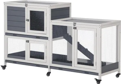 Image de PawHut Clapier š€ lapin en bois sur roulettes 147 x 45,5 x 88,5 cm Cage š€ lapin š€ 2 niveaux avec toit ouvrant 3 plateaux amovibles 3 portes avec loquet et rampe Gris