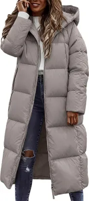 Produktbild von ASKSA Damen Daunenjacke Winter Lang Daunenmantel Steppmantel Warmer Wintermantel Jacken Outdoor Mantel mit Kapuze (Grau,M)