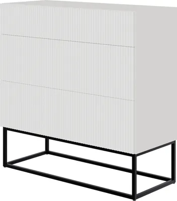 A white dresser with three drawers on a black metal frame, shown against a white background.