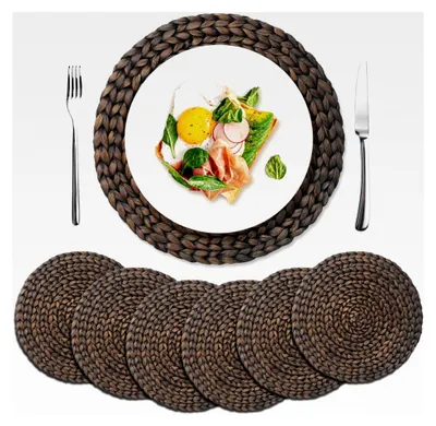 Produktbild von Rundes Platzset aus Wasserhyazinthe, handgefertigte Tischunterlage, Telleruntersetzer für Esstisch und Boho Deko, 6er Set, 35 cm, Schwarz