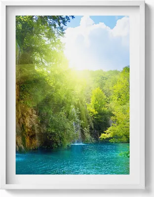 Produktbild von Blaue Lagunenlandschaft– Wandbild mit Rahmen – Gerahmtes Bild  – Wanddekoration – 60x80 cm –  Weiß Rahmen