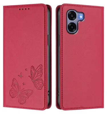 Image de Étui en cuir pour Oppo A6X 4G, étui de protection type portefeuille en cuir gaufré motif papillon avec support, rouge