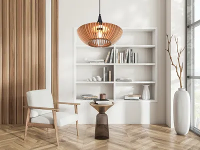 Produktbild von LED Pendelleuchte 1 flammig, Holzlamellen Schirm Natur für Esstisch, Couchtisch