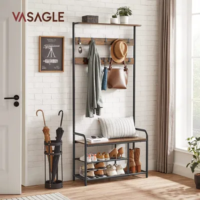 A hallway with a coat rack, shoe rack, and umbrella stand.