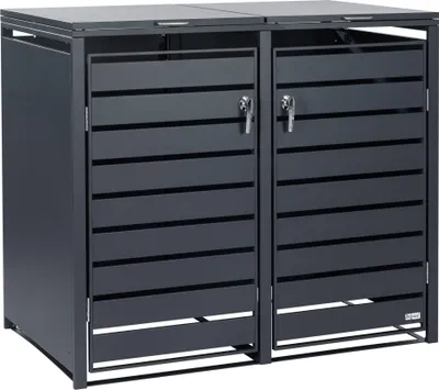 A dark gray, two-door metal bin enclosure for garbage cans, shown from the front.