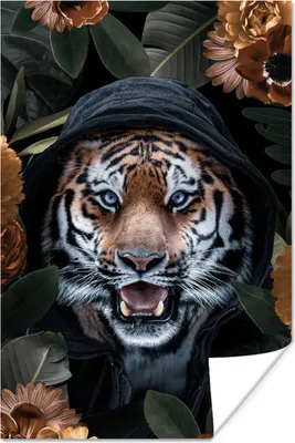 Produktbild von MuchoWow® Poster Tiger - Blumen - Orange 40x60 cm - Plakate für die Wand - Poster Babyzimmer