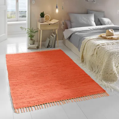 Produktbild von Flicken-Teppich 100% Baumwolle I Waschbarer Fleckerl mit Fransen I Esszimmer Küche Badezimmer Wohnzimmer Kinderzimmer | Terracotta