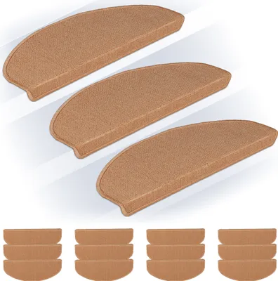 Zdjęcie produktu dla Zestaw 15 mat schodowych Relaxdays, zaokrąglone maty na stopnie schodów, wymiary: 65 x 24 cm, samoprzylepne dywaniki schodowe, kolor beżowy