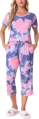 Produktbild von Cheibear Damen-Pyjama-Set T-Shirt Kurzarm Hose Lila S