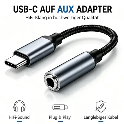 Produktbild von USB-C auf 3,5mm Klinke AUX Audio Kopfhörer Adapter Kabel mit DAC Chip für Samsung Galaxy iPhone iPad Macbook Mac Laptop PC Handy Tablet Kopfhörer Grau