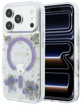 Produktbild von Guess Resin Blumen Glitter MagSafe Apple iPhone 18 Pro / 17 Pro lila