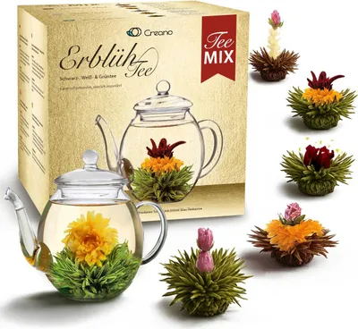 Produktbild von Creano Teeblumen Mix - goldenes Geschenkset Erblühtee mit Glas Teekanne weißer, grüner & schwarzer Tee in 6 Sorten, Teeblume, Blooming Tea, Geschenk für Frauen