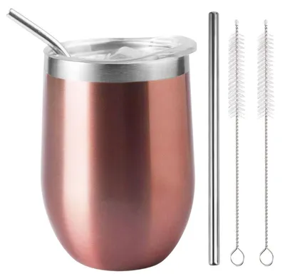 Edelstahl-Weinglas 340 ml mit Deckel, Strohhalm, Roségold