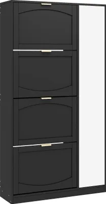 Produktbild von Merax Schuhschrank mit Spiegel und 4 Klappen, Schuhregal mit verstellbarem Regal, Schuhbank, Schuhkipper für Flur, 147x80x24 cm, Schwarz