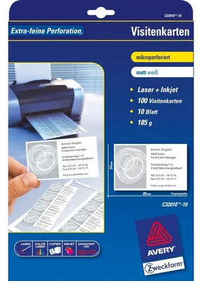 Produktbild von Avery Zweckform C32010-10 Classic Visitenkarten, 85 x 54 mm, beidseitig beschichtet - matt, 10 Blatt